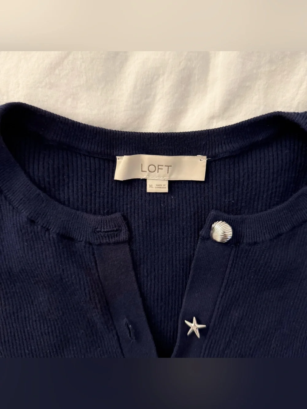 LOFT Starfish Shell Button Ribbed Cardigan Navy Blue Knit Sweater XL